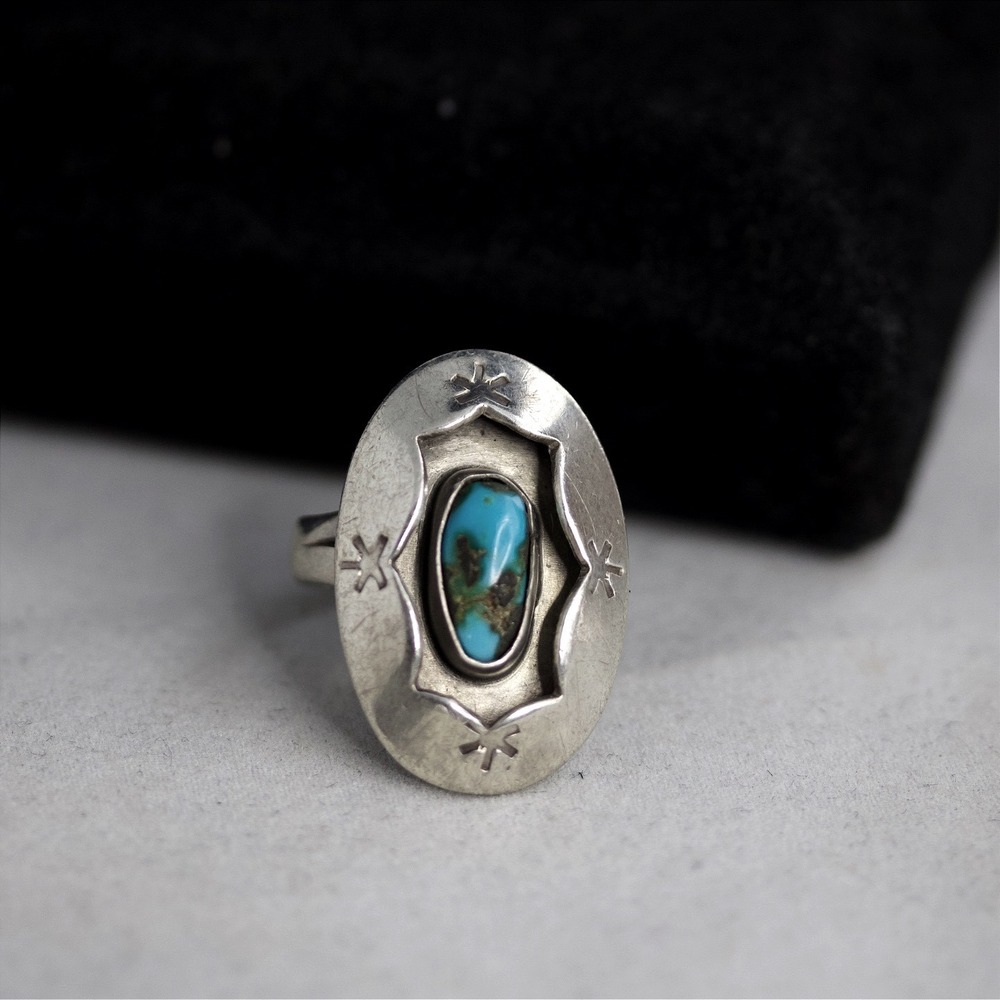 Native American Sterling Silver Turquoise Oval Stamped Ring Size 6 - Picture 4 of 8